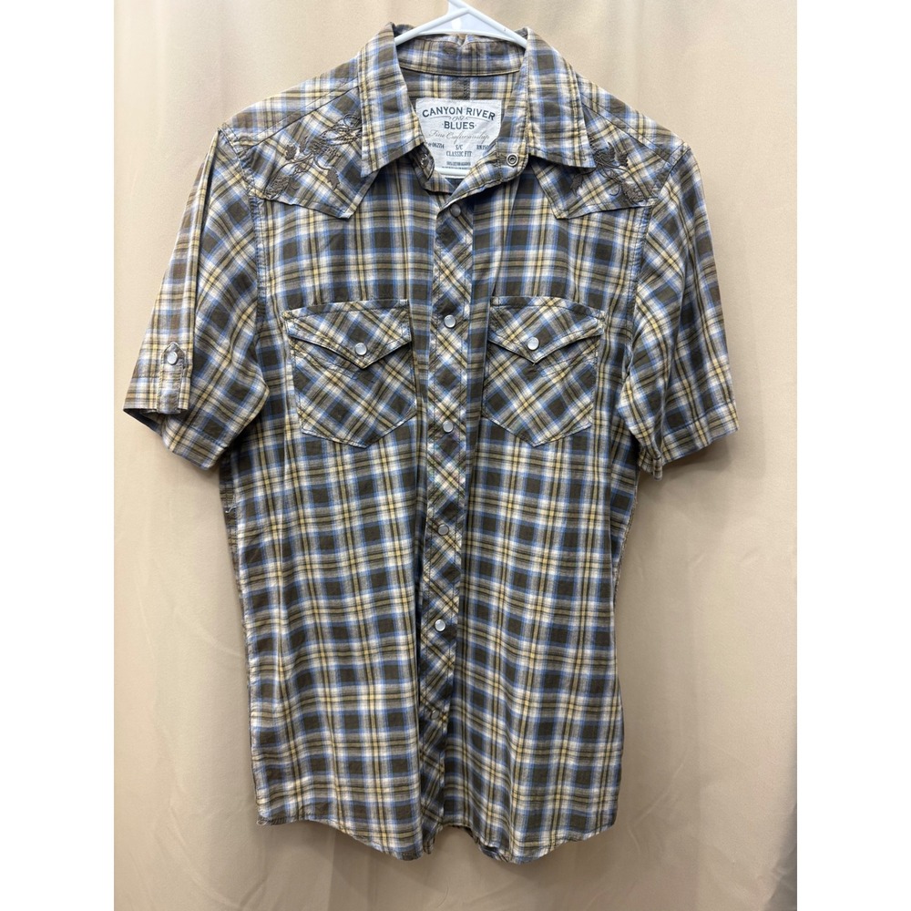 Canyon River Blues Mens Small Blue Brown Plaid Western Snap Shirt Embroidered